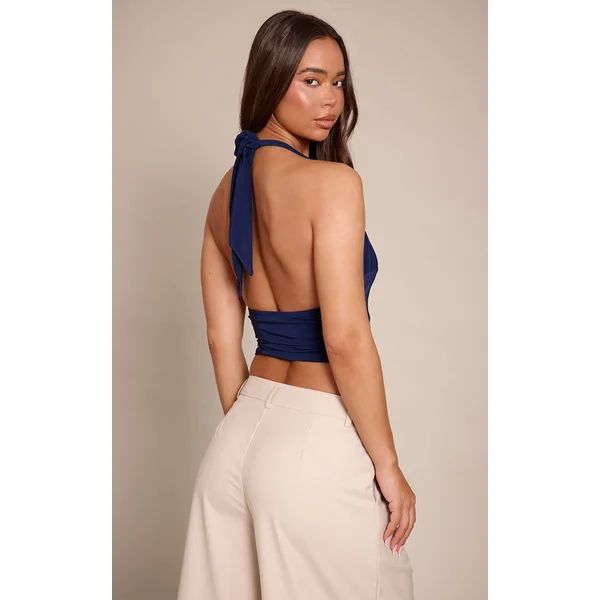 Bleu Marine Top Long Plongeant À Double Couche Satiné Avec Lien Au Cou