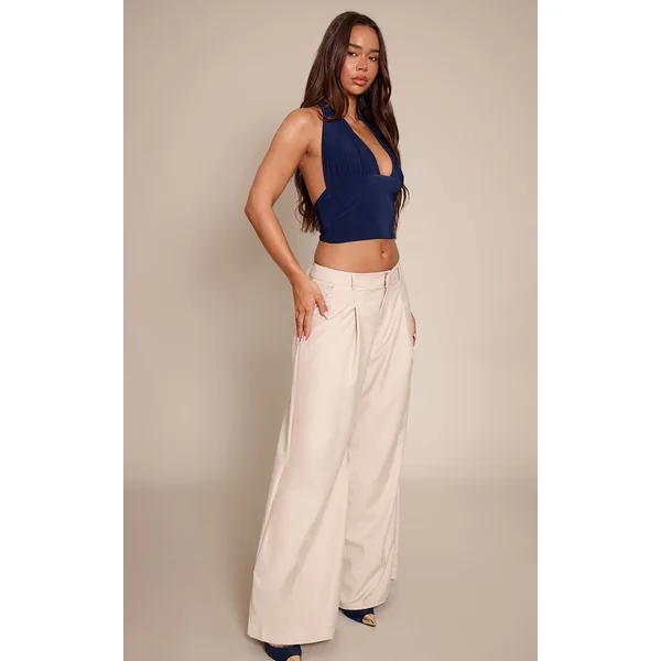 Bleu Marine Top Long Plongeant À Double Couche Satiné Avec Lien Au Cou