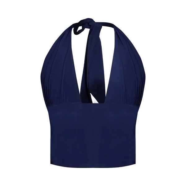 Bleu Marine Top Long Plongeant À Double Couche Satiné Avec Lien Au Cou