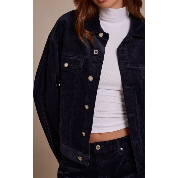 Bleu Marine Veste En Velours Côtelé Coupe Boxy Classique