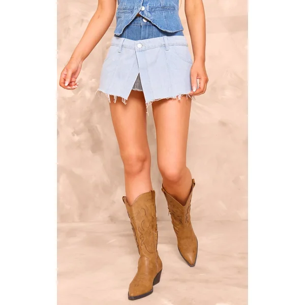 Bleu Mini-jupe En Denim Bicolore À Double Ceinture