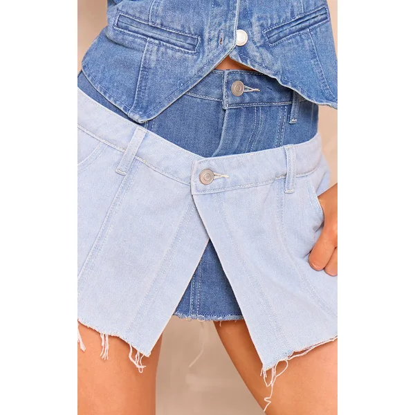 Bleu Mini-jupe En Denim Bicolore À Double Ceinture