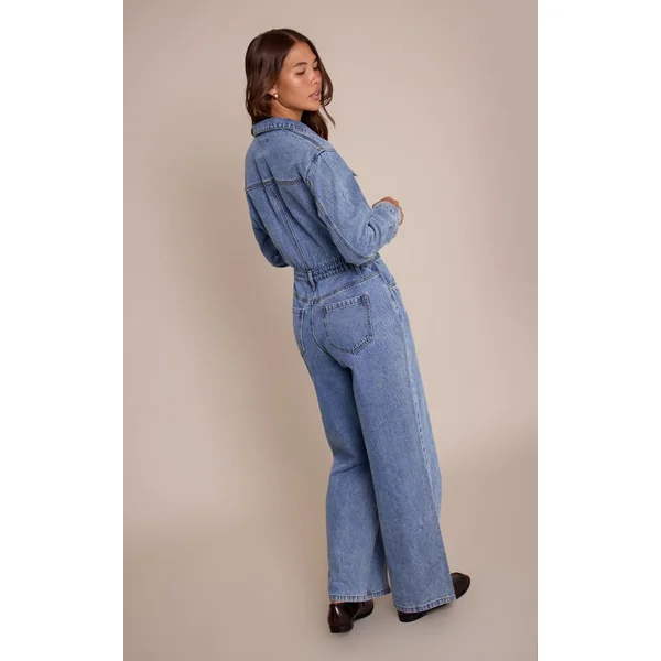Bleu Moyen Délavé Combinaison En Denim À Manches Longues Avec Surpiqûres Contrastantes
