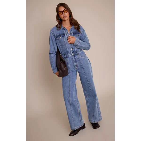 Bleu Moyen Délavé Combinaison En Denim À Manches Longues Avec Surpiqûres Contrastantes