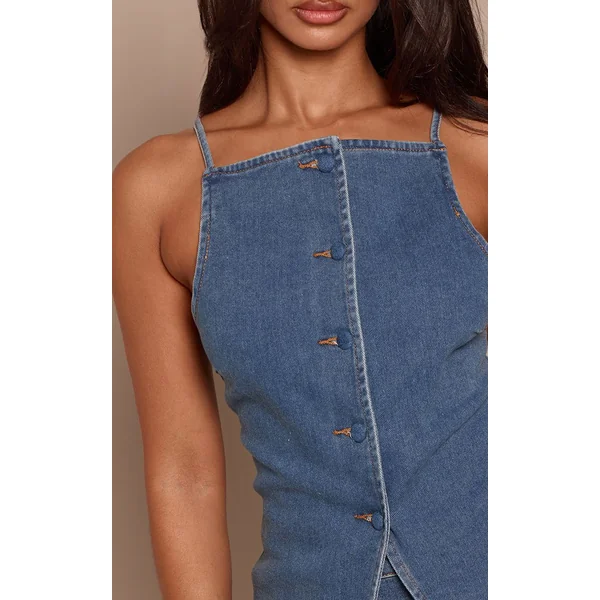 Bleu Moyen Délavé Haut En Denim Ajusté À Encolure Carrée En Denim Stretch Bleu Moyen Petite