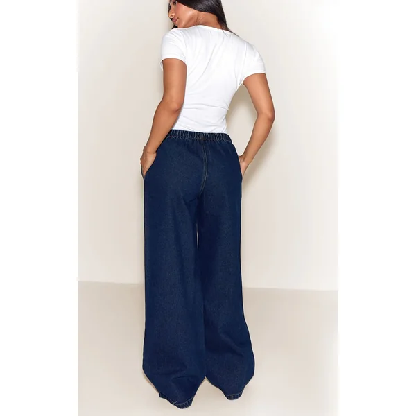 Bleu Moyen Délavé Jean Large Taille Haute Élastiquée Avec Lien En Denim Petite