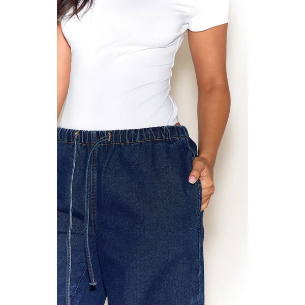Bleu Moyen Délavé Jean Large Taille Haute Élastiquée Avec Lien En Denim Petite