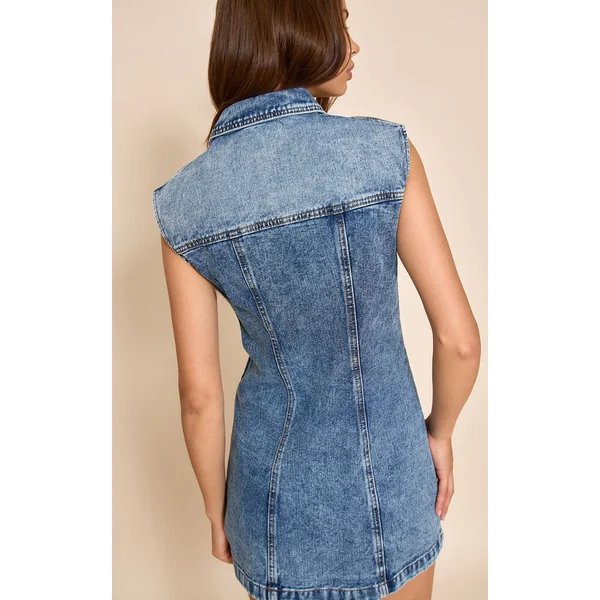 Bleu Moyen Délavé Robe Chemise En Denim À Épaules Carrées