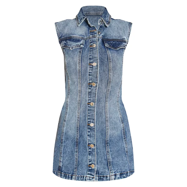 Bleu Moyen Délavé Robe Chemise En Denim À Épaules Carrées