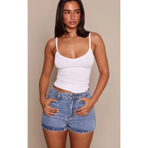 Bleu Moyen Délavé Short Basique Taille Haute Petite