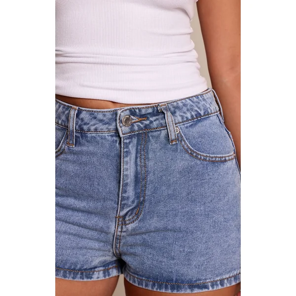 Bleu Moyen Délavé Short Basique Taille Haute Petite