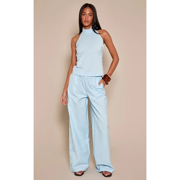Bleu Pantalon Coordonné Tall En Coton Avec Détail Brodé Soleil
