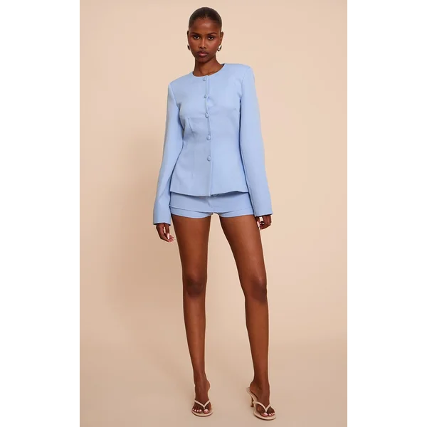 Bleu Poudré Ensemble Blazer Cintré À Taille Froncée Et Manches Cocon Avec Boutonnage