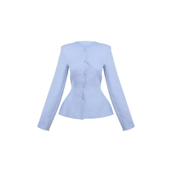 Bleu Poudré Ensemble Blazer Cintré À Taille Froncée Et Manches Cocon Avec Boutonnage