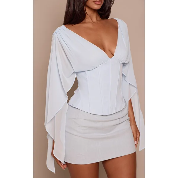 Bleu Poudré Haut Petite En Mousseline À Manches Drapées Et Taille Corset