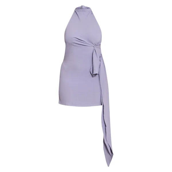 Bleu Robe Mini Moulante En Satin Martelé À Col Montant Avec Drapé Latéral