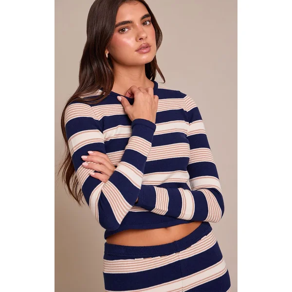 Bleu T-shirt En Maille À Rayures Et Manches Longues