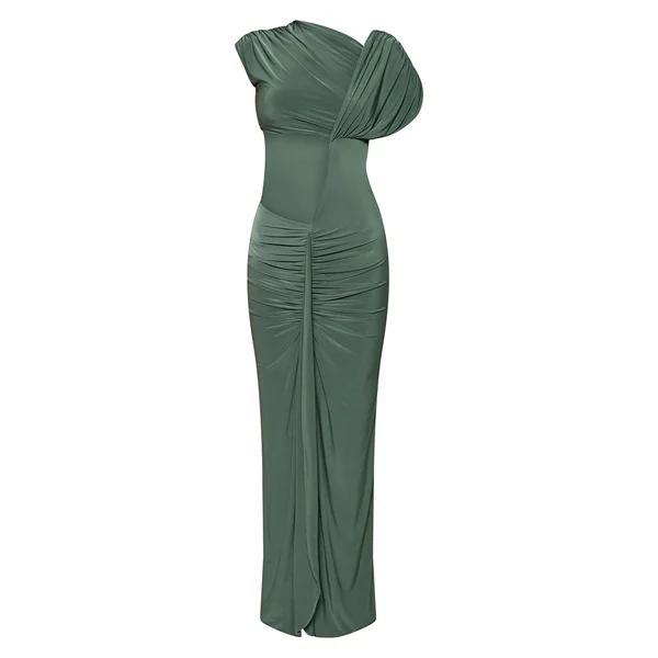 Bleu-vert Robe Longue Drapée À Double Épaisseur En Jersey Slinky Avec Découpe Asymétrique