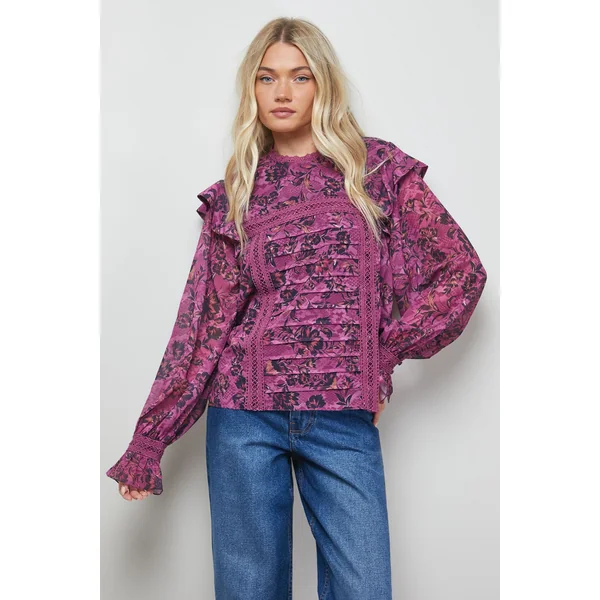 Blouse Bohème à Détails Plissés et Finitions Dentelle Imprimée