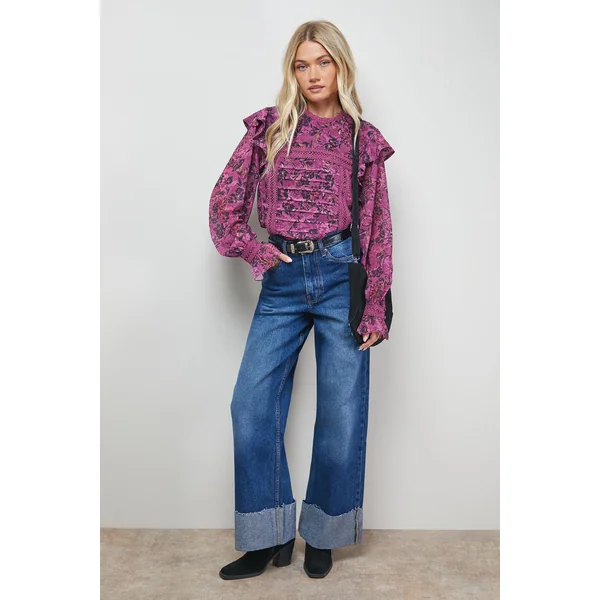 Blouse Bohème à Détails Plissés et Finitions Dentelle Imprimée