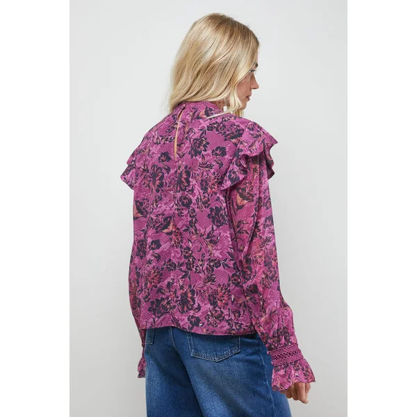 Blouse Bohème à Détails Plissés et Finitions Dentelle Imprimée