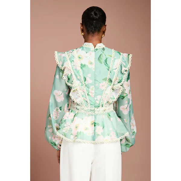 Blouse en Organza à Manches Longues avec Volants Imprimée