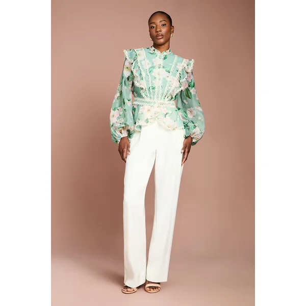 Blouse en Organza à Manches Longues avec Volants Imprimée