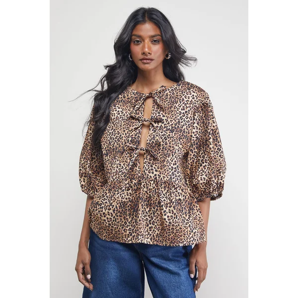 Blouse en Popeline Imprimée à Manches Bouffantes avec Nœud Devant