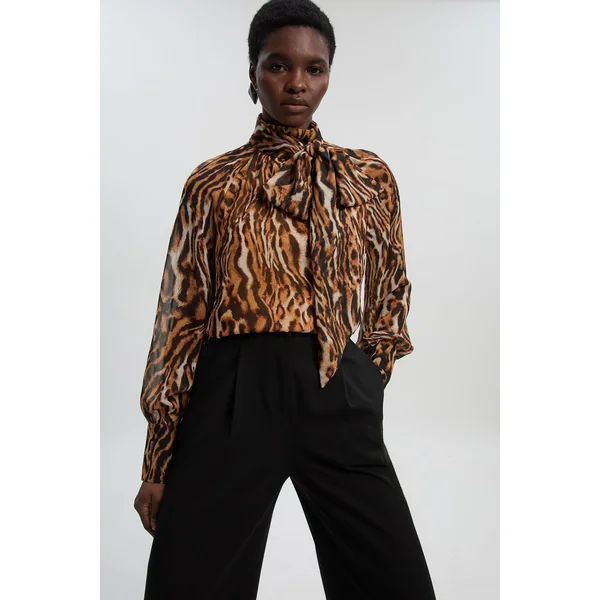 Blouse Tissée à Imprimé Animal en Georgette avec Nœud au Col