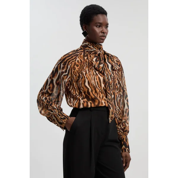 Blouse Tissée à Imprimé Animal en Georgette avec Nœud au Col