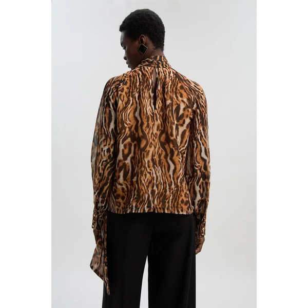 Blouse Tissée à Imprimé Animal en Georgette avec Nœud au Col