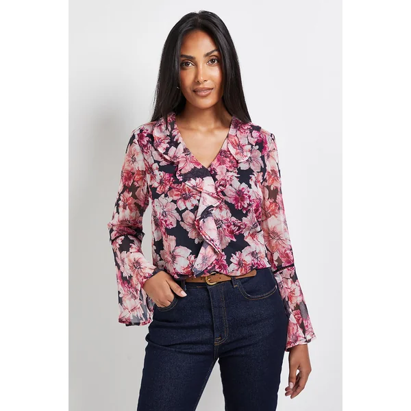 Blouse À Volants Avec Bordure En Dentelle Florale Petite Taille