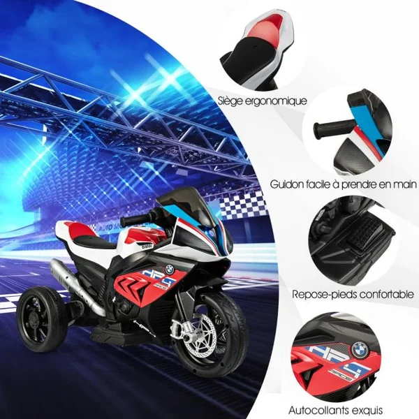 BMW Moto Électrique 6V pour Enfants 3-8 Ans 3 km/h USB Musique Lumineux Cadeau Idéal Noël pour Enfants Bleu/Rouge