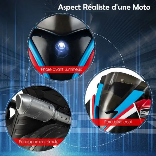 BMW Moto Électrique 6V pour Enfants 3-8 Ans 3 km/h USB Musique Lumineux Cadeau Idéal Noël pour Enfants Bleu/Rouge