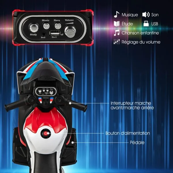 BMW Moto Électrique 6V pour Enfants 3-8 Ans 3 km/h USB Musique Lumineux Cadeau Idéal Noël pour Enfants Bleu/Rouge