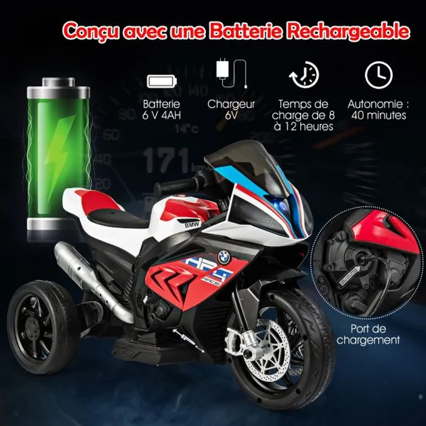 BMW Moto Électrique 6V pour Enfants 3-8 Ans 3 km/h USB Musique Lumineux Cadeau Idéal Noël pour Enfants Bleu/Rouge