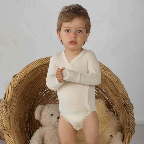 Body croisé bébé en laine mérinos et soie COSILANA - Body Naissance avec Revers aux mains