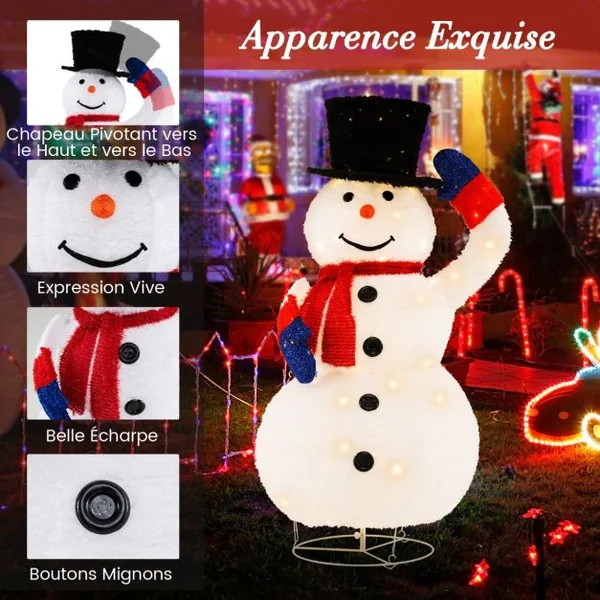 Bonhomme de Neige de Noël Pré-éclairé de 130cm avec 120 Lumières LED&Chapeau Pivotant Vers Le Haut/Bas Minuterie Attaches Zippées