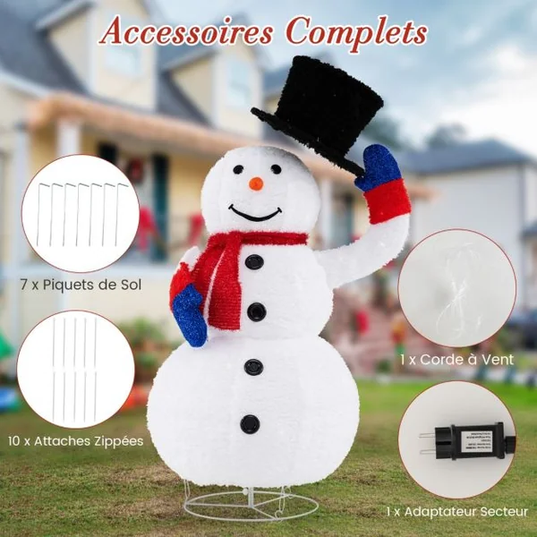 Bonhomme de Neige de Noël Pré-éclairé de 130cm avec 120 Lumières LED&Chapeau Pivotant Vers Le Haut/Bas Minuterie Attaches Zippées