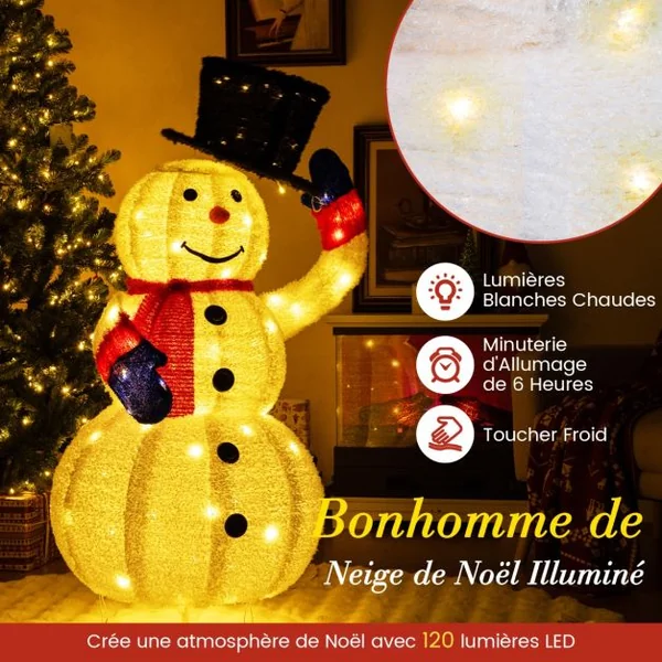 Bonhomme de Neige de Noël Pré-éclairé de 130cm avec 120 Lumières LED&Chapeau Pivotant Vers Le Haut/Bas Minuterie Attaches Zippées