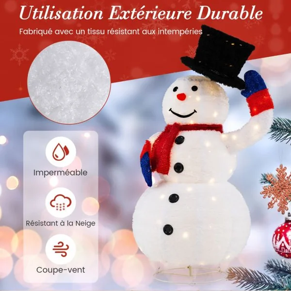 Bonhomme de Neige de Noël Pré-éclairé de 130cm avec 120 Lumières LED&Chapeau Pivotant Vers Le Haut/Bas Minuterie Attaches Zippées