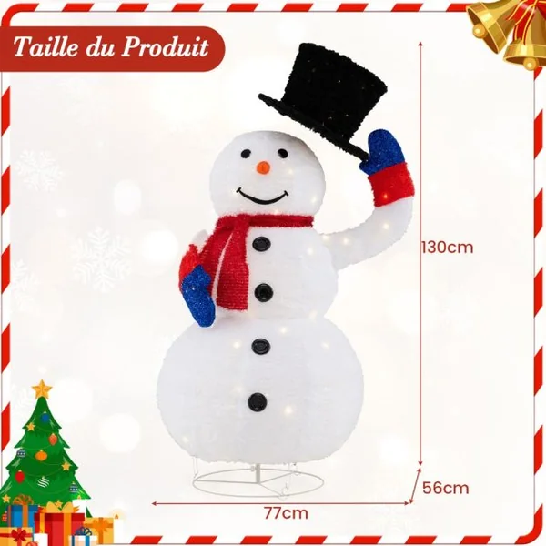Bonhomme de Neige de Noël Pré-éclairé de 130cm avec 120 Lumières LED&Chapeau Pivotant Vers Le Haut/Bas Minuterie Attaches Zippées