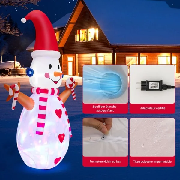 Bonhomme de Neige Gonflable Lumineux à LED Multicolores Rotatives Décoration pour Noël Intérieur et Extérieur 240 cm