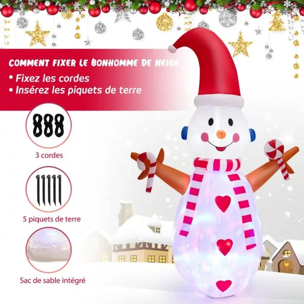 Bonhomme de Neige Gonflable Lumineux à LED Multicolores Rotatives Décoration pour Noël Intérieur et Extérieur 240 cm