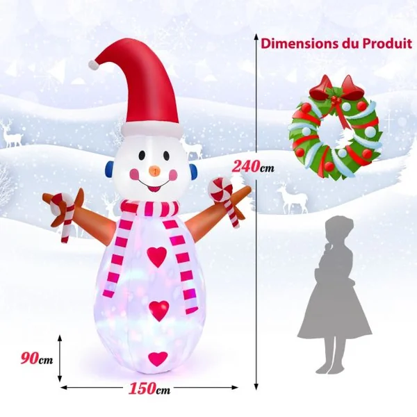 Bonhomme de Neige Gonflable Lumineux à LED Multicolores Rotatives Décoration pour Noël Intérieur et Extérieur 240 cm