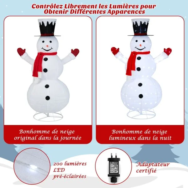Bonhomme de Neige Lumineux Extérieur 180CM avec 200 LED Blanc Froid 4 Piquets Decoration Noël Dépliable