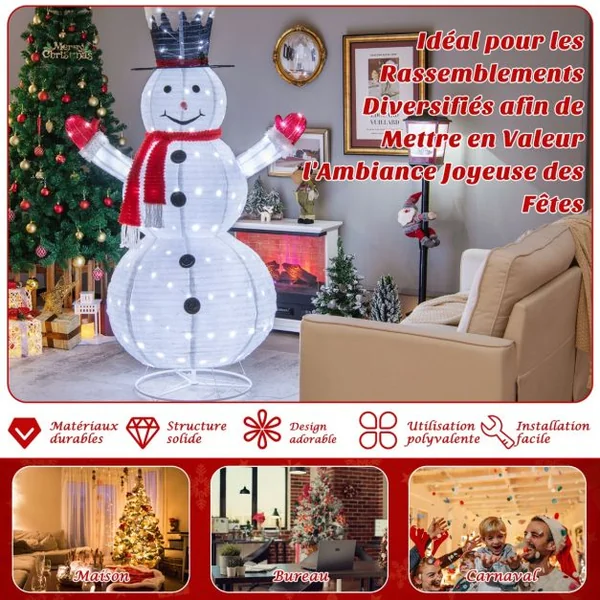 Bonhomme de Neige Lumineux Extérieur 180CM avec 200 LED Blanc Froid 4 Piquets Decoration Noël Dépliable