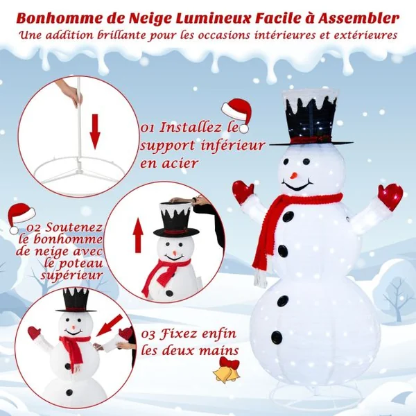 Bonhomme de Neige Lumineux Extérieur 180CM avec 200 LED Blanc Froid 4 Piquets Decoration Noël Dépliable
