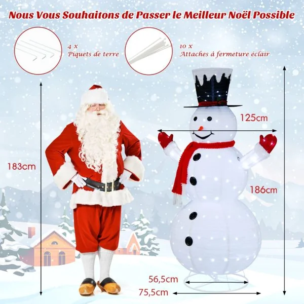 Bonhomme de Neige Lumineux Extérieur 180CM avec 200 LED Blanc Froid 4 Piquets Decoration Noël Dépliable