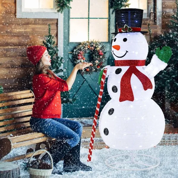 Bonhomme de Neige Éclairé 150 cm Décoration de Noël pré-éclairée avec 180 Lumières LED Chapeau et Écharpe